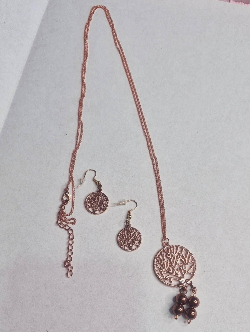 🚨Rose Gold Tree of Life Pendant Necklace with Dangle Beads and Earrings